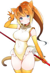 Rule 34 | 10s, 1girl, absurdres, animal ears, bangle, bare shoulders, blonde hair, blue eyes, blush, bracelet, breasts, circlet, covered navel, elbow gloves, gloves, golden snub-nosed monkey (kemono friends), high ponytail, highres, holding, holding staff, ichi-jirushi, jewelry, kemono friends, leotard, long hair, looking at viewer, medium breasts, monkey ears, monkey tail, multicolored hair, orange hair, ponytail, simple background, smile, solo, staff, tail, thighhighs, white background, yellow thighhighs