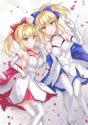 Rule 34 | 10s, 2girls, ahoge, alternate costume, artoria pendragon (all), artoria pendragon (fate), bare shoulders, bed, bed sheet, blonde hair, blush, breasts, choker, dress, elbow gloves, fate/extra, fate/stay night, fate (series), gloves, green eyes, hair ribbon, highres, hiyoko biimu, large breasts, looking at viewer, lying, medium breasts, multiple girls, nero claudius (fate), nero claudius (fate) (all), nero claudius (fate/extra), official alternate costume, official alternate hairstyle, on back, on bed, ponytail, ribbon, saber (fate), saber (pure night dress) (fate), smile, thighhighs, white dress