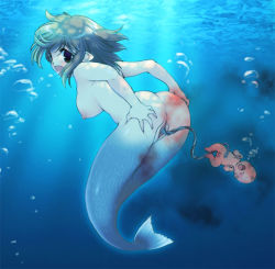 Rule 34 | 1girl, ass, ass grab, baby, giving birth, blood, blue hair, breasts, bubble, crying, green hair, large breasts, mermaid, monster girl, open mouth, scales, silhouette sakura, solo, umbilical cord, underwater, what
