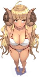 Rule 34 | 10s, 1girl, :o, ahoge, alternate costume, anila (granblue fantasy), arms behind back, bad id, bad twitter id, bare arms, bare legs, bare shoulders, barefoot, bikini, blonde hair, blunt bangs, blush, breasts, cleavage, collarbone, draph, eyebrows, foreshortening, from above, full body, granblue fantasy, horns, large breasts, long hair, looking to the side, michihasu, navel, open mouth, perspective, red ribbon, ribbon, side-tie bikini bottom, simple background, solo, standing, stomach, swimsuit, thick eyebrows, thigh gap, very long hair, wavy hair, white background, white bikini, yellow eyes
