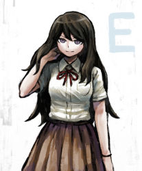 Rule 34 | 1girl, arm at side, breast pocket, brown hair, brown skirt, collared shirt, commentary request, cowboy shot, danganronpa (series), danganronpa 3 (anime), grey background, grey eyes, hand in own hair, hand up, long hair, long skirt, looking at viewer, namu (nurui cha), neck ribbon, pleated skirt, pocket, red ribbon, ribbon, satou (danganronpa), school uniform, shirt, shirt tucked in, short sleeves, skirt, smile, solo, white background, white shirt