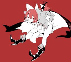 Rule 34 | 1girl, boots, bow, cloak, closed mouth, disembodied head, dullahan, full body, hair between eyes, hair bow, high heel boots, high heels, highres, long sleeves, massakasama, red background, red eyes, red hair, sekibanki, shirt, short hair, simple background, skirt, smile, solo, spot color, touhou, v-shaped eyebrows