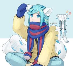 Rule 34 | 1boy, arm up, blue eyes, blue mittens, blue scarf, chien-pao, commentary request, creatures (company), eyelashes, game freak, green hair, grusha (pokemon), jacket, long sleeves, looking up, male focus, mittens, musical note, nintendo, pants, poke ball print, pokemon, pokemon (creature), pokemon ears, pokemon sv, pokemon tail, scarf, scarf over mouth, signature, sitting, striped clothes, striped scarf, tail, yellow jacket, yuu (hguy sv)