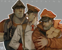 Rule 34 | 3boys, adachi ruri, bread, facial hair, fingerless gloves, food, glasses, gloves, grey background, hat, heavy (tf2), highres, medic (tf2), military hat, multiple boys, necktie, soldier (tf2), stubble, team fortress 2