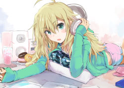 Rule 34 | 1girl, ahoge, bad id, bad pixiv id, blonde hair, camouflage, casual, cup, doughnut, drink, drinking glass, drinking straw, female focus, food, green eyes, headphones, hoshii miki, idolmaster, idolmaster (classic), kiriyama, long hair, looking at viewer, lying, on stomach, open mouth, shorts, solo, stereo