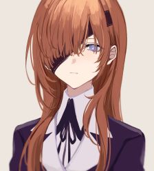 Rule 34 | 1girl, black ribbon, blue eyes, brown hair, closed mouth, collared shirt, commentary request, eyepatch, fate/grand order, fate (series), hair over one eye, light blush, long hair, long sleeves, looking at viewer, nozz177, ophelia phamrsolone, ribbon, shirt, sidelocks, simple background, solo, upper body