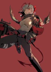 Rule 34 | 1girl, antennae, arknights, black footwear, black gloves, black jacket, black pants, black skirt, breasts, controller, fingerless gloves, gloves, grey hair, grey shirt, gun, highres, horns, hu tu, impossible clothes, jacket, looking at viewer, miniskirt, open mouth, pants, red background, red eyes, remote control, scarf, shirt, shoes, short hair, simple background, skirt, small breasts, solo, tail, unmoving pattern, w (arknights), weapon