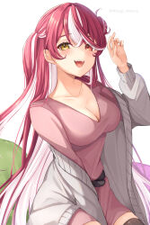 Rule 34 | 1girl, :d, absurdres, belt, black belt, breasts, cleavage, collarbone, commentary request, dress, grey sweater, hand up, heterochromia, highres, hololive, houshou marine, large breasts, long hair, looking at viewer, miyagi ratona, multicolored hair, open mouth, pink dress, red eyes, red hair, simple background, smile, solo, sweater, teeth, twitter username, two-tone hair, upper teeth only, virtual youtuber, white background, white hair, yellow eyes