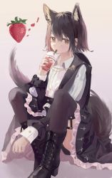 Rule 34 | 1girl, animal ears, black footwear, black hair, black skirt, black thighhighs, boots, collared shirt, commentary request, drink, drinking straw, drinking straw in mouth, food, fox ears, fruit, garter straps, gothic lolita, highres, holding, holding drink, k0tokay, lolita fashion, long sleeves, looking at viewer, medium hair, original, red eyes, shirt, sidelocks, skirt, solo, strawberry, tail, thighhighs, white background, white shirt