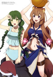 Rule 34 | 2girls, absurdres, animal ear fluff, animal ears, arm up, armpits, arms up, ball, bikini, bird, blush, braid, collarbone, flower, green eyes, green hair, hair flower, hair ornament, hat, highres, holster, long hair, looking at another, megami magazine, multiple girls, navel, official art, open mouth, penguin, raccoon ears, raccoon girl, raccoon tail, raphtalia, rishia ivyred, santa hat, sarong, simple background, smile, stomach, swimsuit, tail, tate no yuusha no nariagari, thighs, twin braids