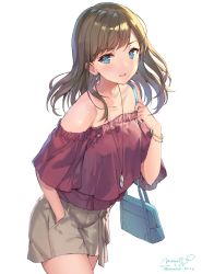 Rule 34 | 10s, 1girl, 2016, bag, bare shoulders, blouse, blue eyes, brown hair, collarbone, cowboy shot, dated, earrings, eyebrows, hand in pocket, jewelry, looking at viewer, momoko (momopoco), necklace, off-shoulder shirt, off shoulder, original, parted lips, pendant, red shirt, shirt, shorts, shoulder bag, signature, simple background, solo, twitter username