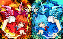 Rule 34 | 2girls, achi cirno, ahoge, alternate color, alternate element, blue dress, bow, cirno, dress, dual persona, fiery wings, fire, hair bow, highres, ice, mirror opposites, multiple girls, nanami (nanami811), polar opposites, red dress, red eyes, red hair, ribbon, short hair, symmetrical hand pose, symmetry, touhou, wings
