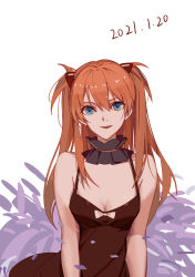 1girl, absurdres, artist request, bare shoulders, blue eyes, breasts, brown hair, dated, dress, highres, long hair, looking at viewer, neon genesis evangelion, shiny, shiny clothes, shiny hair, smile, solo, soryu asuka langley, twintails, two side up