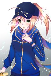 Rule 34 | 1girl, ahoge, artoria pendragon (fate), baseball cap, blonde hair, blue hat, blue jacket, blue scarf, excalibur (fate/stay night), fate/grand order, fate (series), gradient background, green eyes, hair between eyes, hat, highres, holding, holding sword, holding weapon, jacket, long hair, long sleeves, looking at viewer, mysterious heroine x (fate), open mouth, ponytail, scarf, solo, sword, tapioka (oekakitapioka), upper body, weapon, white background
