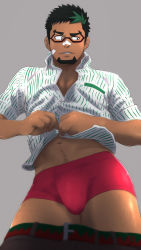 Rule 34 | 1boy, absurdres, bandaid, bandaid on face, bandaid on nose, bara, belt, black hair, boxers, bulge, clothes lift, clothes pull, dark-skinned male, dark skin, dotsu (wtnbkwiyd), facial hair, formal, goatee, green hair, highres, kyoichi (active agent) (live a hero), kyoichi (live a hero), lifted by self, live a hero, long sideburns, male focus, male underwear, midriff peek, multicolored hair, muscular, muscular male, navel, navel hair, official alternate costume, pants, pants pull, partially unbuttoned, pectoral cleavage, pectorals, red male underwear, shirt, shirt lift, short hair, sideburns, solo, streaked hair, striped clothes, striped shirt, thick eyebrows, thick thighs, thighs, underwear, undressing