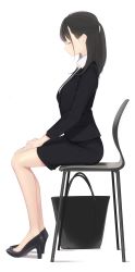 Rule 34 | 1girl, ama mitsuki, bare legs, black bag, black footwear, black hair, black jacket, black skirt, closed mouth, collared shirt, commentary request, closed eyes, from side, full body, hands on lap, hands on own legs, high heels, highres, jacket, long hair, long sleeves, office lady, on chair, original, pencil skirt, ponytail, profile, shirt, simple background, sitting, skirt, solo, suit jacket, white background