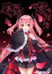 Rule 34 | 1girl, :d, black shirt, black skirt, blush, bow, commentary request, detached sleeves, fang, flower, hair between eyes, hair ornament, hand up, juliet sleeves, krul tepes, long hair, long sleeves, looking at viewer, open mouth, owari no seraph, petals, pink hair, pleated skirt, puffy sleeves, red bow, red eyes, rl ka qui, rose, shirt, skirt, sleeves past fingers, sleeves past wrists, smile, solo, thigh gap, two side up, very long hair, wide sleeves