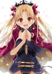 Rule 34 | 1girl, asymmetrical clothes, blonde hair, blush, cape, earrings, ereshkigal (fate), eretto, fate/grand order, fate (series), gold trim, hair ribbon, jewelry, long hair, looking at viewer, open mouth, own hands clasped, own hands together, red cape, red eyes, red ribbon, ribbon, skull, smile, solo, tiara, tohsaka rin, twintails, two side up