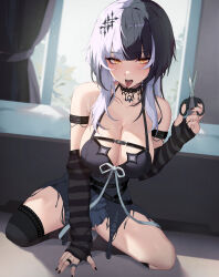 Rule 34 | 1girl, black choker, black hair, black nails, breasts, choker, cleavage, elbow gloves, gloves, highres, holding, holding scissors, hololive, hololive english, large breasts, lessone, looking at viewer, multicolored hair, scissors, shiori novella, shiori novella (1st costume), single thighhigh, solo, split-color hair, striped clothes, striped gloves, thighhighs, thighs, tongue, tongue out, virtual youtuber, white hair, window, yellow eyes