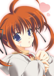 Rule 34 | 00s, 1girl, ahoge, blue eyes, bow, brown hair, heart, kinohara hikaru, looking at viewer, lyrical nanoha, mahou shoujo lyrical nanoha, parted lips, purple eyes, red bow, red hair, shirt, short hair, solo, sweatdrop, takamachi nanoha, textless version, twintails, upper body, white background