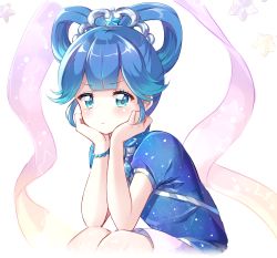 Rule 34 | 1girl, :t, bad id, bad pixiv id, blue eyes, blue hair, blue shirt, chi (otoca d&#039;or), chi (otoca doll), head rest, hair rings, highres, kobeni, looking at viewer, matching hair/eyes, otoca d&#039;or, pout, sash, shirt, short hair, sitting, solo, white background