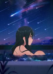 Rule 34 | 1girl, achiki, black hair, blurry, blurry foreground, blush, closed mouth, cloud, commentary request, depth of field, falling star, hair between eyes, long hair, night, night sky, nude, original, outdoors, partially submerged, profile, purple eyes, shooting star, sitting, sky, solo, star (sky), starry sky, water