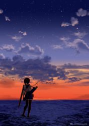 Rule 34 | 1girl, arrow (projectile), character name, cloud, dated, flight deck, highres, horizon, kaga (kancolle), kantai collection, looking away, night, night sky, ocean, one-hour drawing challenge, quiver, side ponytail, sky, solo, star (sky), starry sky, sunset, thighhighs, timato, twitter username, water, zettai ryouiki