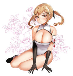 Rule 34 | 10s, 1girl, absurdres, arm support, asymmetrical gloves, bang dream!, bare shoulders, black footwear, black gloves, blonde hair, blush, breasts, brown eyes, brown hair, chinese clothes, cleavage, cleavage cutout, closed mouth, clothing cutout, crossed bangs, dopamine70, elbow gloves, flower, full body, gloves, hair ornament, highres, ichigaya arisa, large breasts, leotard, long hair, looking at viewer, mismatched gloves, single elbow glove, sitting, solo, twintails, white leotard, x hair ornament, yokozuwari