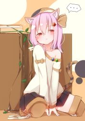 Rule 34 | 1girl, animal ears, boots, cat, cat ears, cat tail, cup, glass, gurantsu, hair ornament, highres, kneeling, original, pink hair, plant, skirt, tail, thigh boots, thighhighs