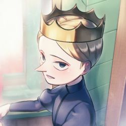 Rule 34 | 1boy, blonde hair, commentary request, crown, daida, grey eyes, grey shirt, indoors, looking to the side, male focus, nikomi (nikomix), ousama ranking, parted lips, shirt, short hair, smile, solo, throne