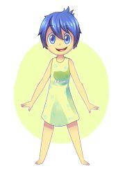 Rule 34 | 1girl, artist name, blue eyes, blue hair, colored skin, dress, full body, green dress, highres, inside out, joy (inside out), matching hair/eyes, open mouth, outline, pixar, short hair, smile, solo, yellow skin, yoyochaan