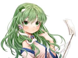 Rule 34 | 1girl, 80isiiii, bare shoulders, blush, breasts, closed mouth, detached sleeves, expressionless, frog hair ornament, gohei, green eyes, green hair, hair between eyes, hair ornament, hair tubes, hand up, holding, holding stick, kochiya sanae, long hair, long sleeves, medium breasts, shirt, simple background, snake hair ornament, solo, stick, touhou, upper body, white background, white shirt, wide sleeves, wing collar