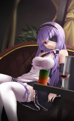 Rule 34 | 1girl, alcohol, apron, bare shoulders, cocktail, cocktail glass, cup, dream c club, dream c club (series), drink, drinking glass, eyepatch, hairband, headdress, highres, legs, long hair, looking at viewer, maid, mari (dream c club), oren (770len), purple eyes, purple hair, solo, thighhighs, twintails, waitress, white thighhighs, wine, wine glass
