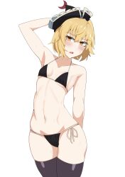 Rule 34 | absurdres, agu (antyosan), arm up, bikini, black bikini, black headwear, black thighhighs, blonde hair, blush, breasts, cleavage, commentary, cowboy shot, crescent, crescent hat ornament, frilled hat, frills, hat, hat ornament, highres, looking at viewer, lunasa prismriver, navel, open mouth, short hair, simple background, small breasts, swimsuit, thighhighs, touhou, white background, yellow eyes
