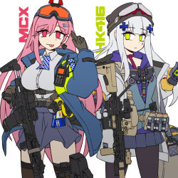 Rule 34 | 2girls, absurdres, ammunition, anti-materiel cartridge, assault rifle, beach, black headwear, blue jacket, blue skirt, breasts, brown gloves, brown pantyhose, brown thighhighs, character name, closed mouth, clukay (neural cloud), collared shirt, commentary, dress shirt, earrings, electroshock weapon, explosive, facial mark, girls&#039; frontline, girls&#039; frontline neural cloud, gloves, goggles, goggles on head, goggles on headwear, green eyes, grenade, grenade cartridge, grey gloves, grey hair, grey jacket, grey shirt, gun, h&amp;k hk416, hair between eyes, hair ornament, hairclip, hand grenade, heart, heart earrings, highres, hk416 (girls&#039; frontline), holding, holding gun, holding weapon, hood, hood down, hoodie, hugging object, jacket, jestami, jewelry, large-caliber cartridge, less-than-lethal weapon, long sleeves, medium breasts, multiple girls, open clothes, open jacket, pantyhose, pleated skirt, puffy long sleeves, puffy sleeves, purple hoodie, red eyes, rifle, shirt, sig mcx, sig mcx (girls&#039; frontline), simple background, skirt, stun grenade, suppressor, taser, taser x26, thighhighs, weapon, white background