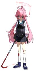 absurdres ahoge ammunition_pouch ankle_socks blood blood_on_clothes blood_on_face blue_archive bongnom bulletproof_vest gloves gun handgun highres hoshino_(blue_archive) long_hair looking_at_viewer necktie pink_hair pleated_skirt ponytail pouch shoes skirt sneakers socks very_long_hair weapon white_background