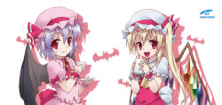Rule 34 | 2girls, bat (animal), blonde hair, bow, coffee mug, cup, fang, flandre scarlet, hat, hat bow, henshako, light purple hair, mob cap, mug, multiple girls, open mouth, red eyes, remilia scarlet, saucer, side ponytail, simple background, teacup, touhou, white background, wings, wrist cuffs