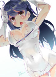 Rule 34 | 1girl, artist name, black hair, blue ribbon, blush, breasts, brown eyes, commentary request, cosplay, dress, dungeon ni deai wo motomeru no wa machigatteiru darou ka, covered erect nipples, gloves, hestia (danmachi), hestia (danmachi) (cosplay), highres, imu sanjo, kantai collection, large breasts, rei no himo, ribbon, signature, skindentation, solo, standing, tears, ushio (kancolle), white dress, white gloves