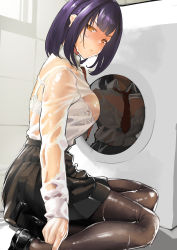 Rule 34 | 1girl, absurdres, asiamaster, bad id, bad pixiv id, black footwear, black pantyhose, black skirt, blunt bangs, bra, breasts, brown eyes, closed mouth, collared shirt, commentary request, dress shirt, drying, drying clothes, highres, indoors, lace, lace bra, large breasts, original, pantyhose, pleated skirt, purple hair, red neckwear, school uniform, see-through, shirt, sitting, skirt, solo, underwear, uniform, washing machine, wet, wet clothes, white bra, white shirt