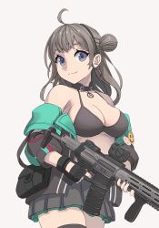 Rule 34 | 1girl, aac honey badger, advanced armament corporation, ahoge, assault rifle, bikini, bikini top only, black choker, black gloves, black skirt, black thighhighs, blue eyes, breasts, brown jacket, carbine, choker, collarbone, commission, finger on trigger, fingerless gloves, girls&#039; frontline, gloves, grey hair, gun, hair bun, holding, holding gun, holding weapon, honey badger (girls&#039; frontline), integrally-suppressed firearm, jacket, large breasts, long hair, long sleeves, looking at viewer, off shoulder, open clothes, open jacket, personal defense weapon, pixiv commission, pleated skirt, q (firearms company), rifle, single hair bun, skirt, smile, smiley face, solo, swimsuit, tab (tabkun), thighhighs, weapon