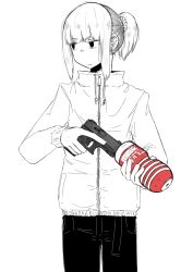 Rule 34 | 1girl, absurdres, ahoge, artificial vagina, commentary request, earrings, glock, gun, handgun, highres, jacket, jewelry, original, pants, pistol, ponytail, sex toy, solo, spot color, suppressor, taida, tenga, trigger discipline, weapon, white background