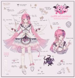 Rule 34 | 1girl, absurdres, ahoge, alternate costume, conductor baton, bow, breasts, brown bow, bubi (ironmouse), character name, character sheet, collar, collarbone, commentary, demon, demon tail, dress, english commentary, english text, grey background, hair behind ear, hair bow, heart, heart ahoge, high heels, highres, holding, ironmouse, key hair ornament, kneehighs, long hair, multicolored hair, multiple views, musical note, pink bow, pink hair, pointy ears, portrait, purple eyes, purple hair, single kneehigh, single sock, small breasts, socks, staff (music), straight-on, streaked hair, tail, twitter username, ukaria, very long hair, virtual youtuber, vshojo, white collar, white dress, white footwear, white socks, wings