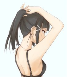 Rule 34 | 10s, 1girl, aqua eyes, arms up, black bra, blue background, bra, breasts, brown hair, bunching hair, closed mouth, commentary request, from side, frown, holding, holding own hair, ken (kenta1922), kurosawa dia, love live!, love live! sunshine!!, medium breasts, mole, mole under mouth, ponytail, profile, simple background, solo, underwear, upper body