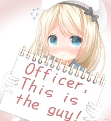 Rule 34 | 1girl, blonde hair, blue eyes, commentary request, english text, flying sweatdrops, gloves, gradient background, hat, jervis (kancolle), kantai collection, long hair, looking at viewer, one-hour drawing challenge, pink background, romaji commentary, sailor hat, solo, upper body, uraguchi hiiro, white gloves