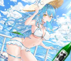 Rule 34 | 1girl, arched back, armpit peek, bare shoulders, bear, bent over, bikini, blue hair, blurry, blurry foreground, blush, bottle, breasts, cleavage, cloud, cloudy sky, covered erect nipples, cowboy shot, dutch angle, eyebrows hidden by hair, floating hair, food, food in mouth, from side, front-tie top, hand on railing, hat, highleg, highleg bikini, highres, holding, holding clothes, holding hat, hololive, large breasts, long hair, looking at viewer, micro bikini, mouth hold, navel, o-ring, ocean, pointy ears, popsicle, revision, skindentation, sky, solo, ssum-qin, strap gap, straw hat, swimsuit, thigh strap, thighs, virtual youtuber, water drop, wavy hair, white bikini, yellow eyes, yukihana lamy