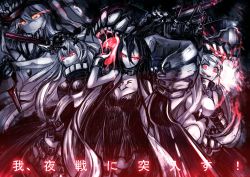 Rule 34 | 10s, 4girls, abyssal ship, airfield princess, anchorage oni, anchorage princess, battleship princess, black dress, bodysuit, breast tattoo, breasts, cape, cleavage, dress, elbow gloves, gloves, glowing, glowing eyes, hair ornament, hat, highres, horns, kantai collection, large breasts, long hair, monster, multiple girls, night, no nose, open mouth, orange eyes, pale skin, red eyes, short dress, skin-covered horns, tattoo, teeth, tongue, vento, very long hair, weapon, white hair, wo-class aircraft carrier