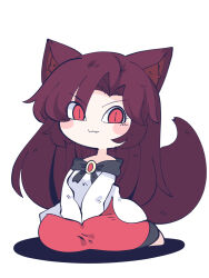 Rule 34 | 1girl, animal ears, blush stickers, brown hair, chahan (fried rice0614), closed mouth, dress, full body, highres, imaizumi kagerou, long hair, long sleeves, red dress, red eyes, simple background, smile, solo, tail, touhou, white background, white dress, wolf ears, wolf tail
