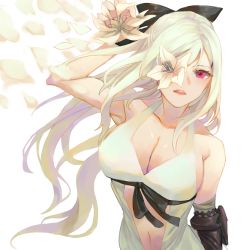 Rule 34 | 1girl, absurdres, bare shoulders, black bow, black ribbon, bow, breasts, center opening, cleavage, collarbone, drag-on dragoon, drag-on dragoon 3, dress, flower, flower over eye, hair bow, hair ornament, hairclip, highres, large breasts, long hair, mochigana, navel, open mouth, prosthesis, prosthetic arm, red eyes, ribbon, sleeveless, sleeveless dress, solo, white background, white dress, white hair, zero (drag-on dragoon)