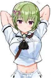Rule 34 | 1girl, arms behind head, ascot, black ascot, blush, breasts, closed mouth, commentary request, crocodile hair ornament, frown, green hair, hair between eyes, large breasts, looking at viewer, midriff, nomura miki, notice lines, pink eyes, school uniform, shirt, short hair, short sleeves, simple background, sketch, solo, straight-on, summer pockets, sweat, upper body, white background, white shirt, zenoo