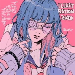 Rule 34 | 1girl, 2020, blue hair, blue sailor collar, closed eyes, colored inner hair, eyepatch, genki heiki, hands up, illustration.media, jewelry, multicolored hair, neckerchief, original, parted lips, pink background, pink hair, pink neckerchief, ring, round eyewear, sailor collar, simple background, sleeves past wrists, solo